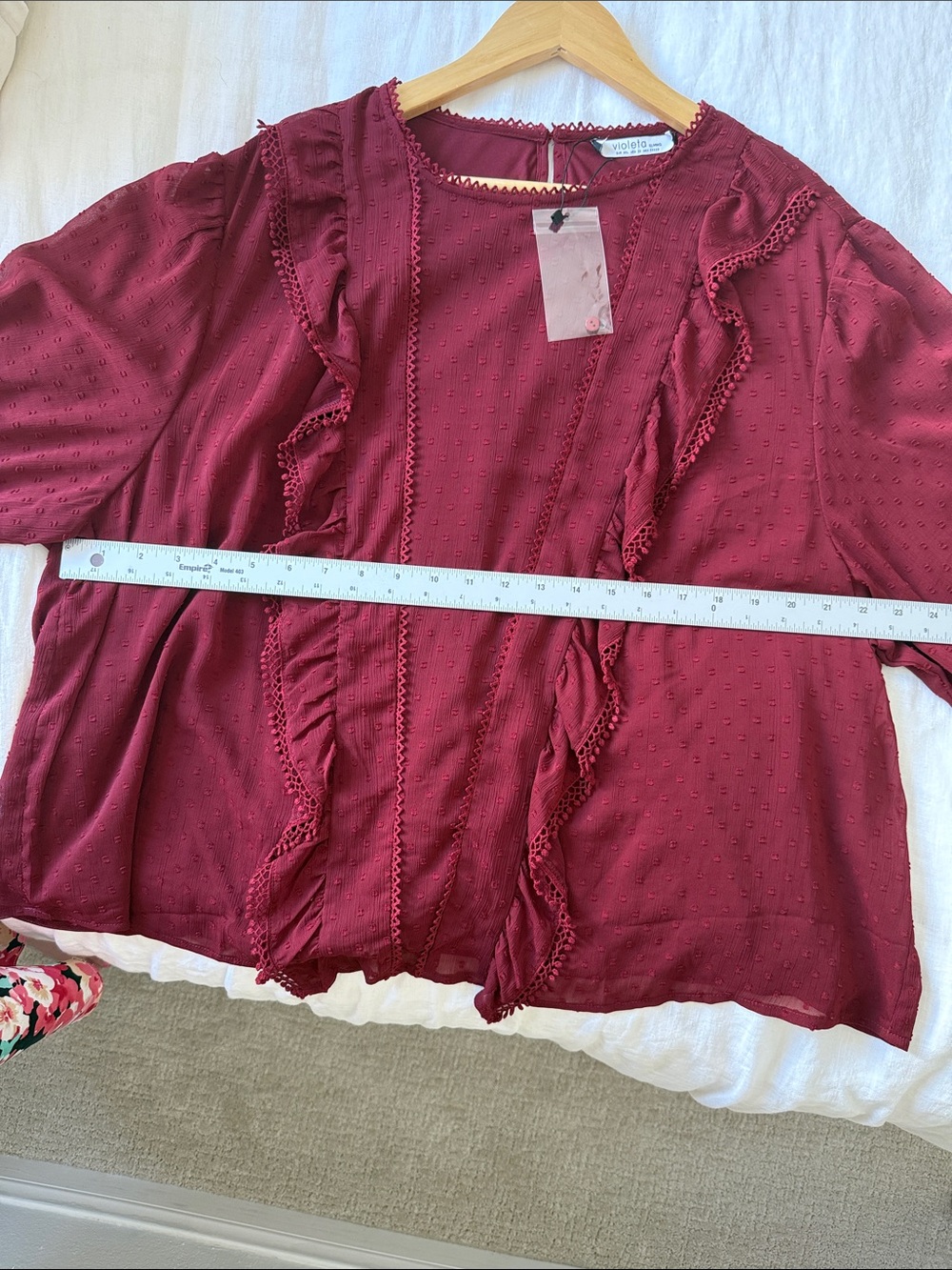 NWT Violeta Burgundy Swiss Dot Ruffle Blouse Boho Coquette Cottagcore Size 2X - Picture 8 of 12